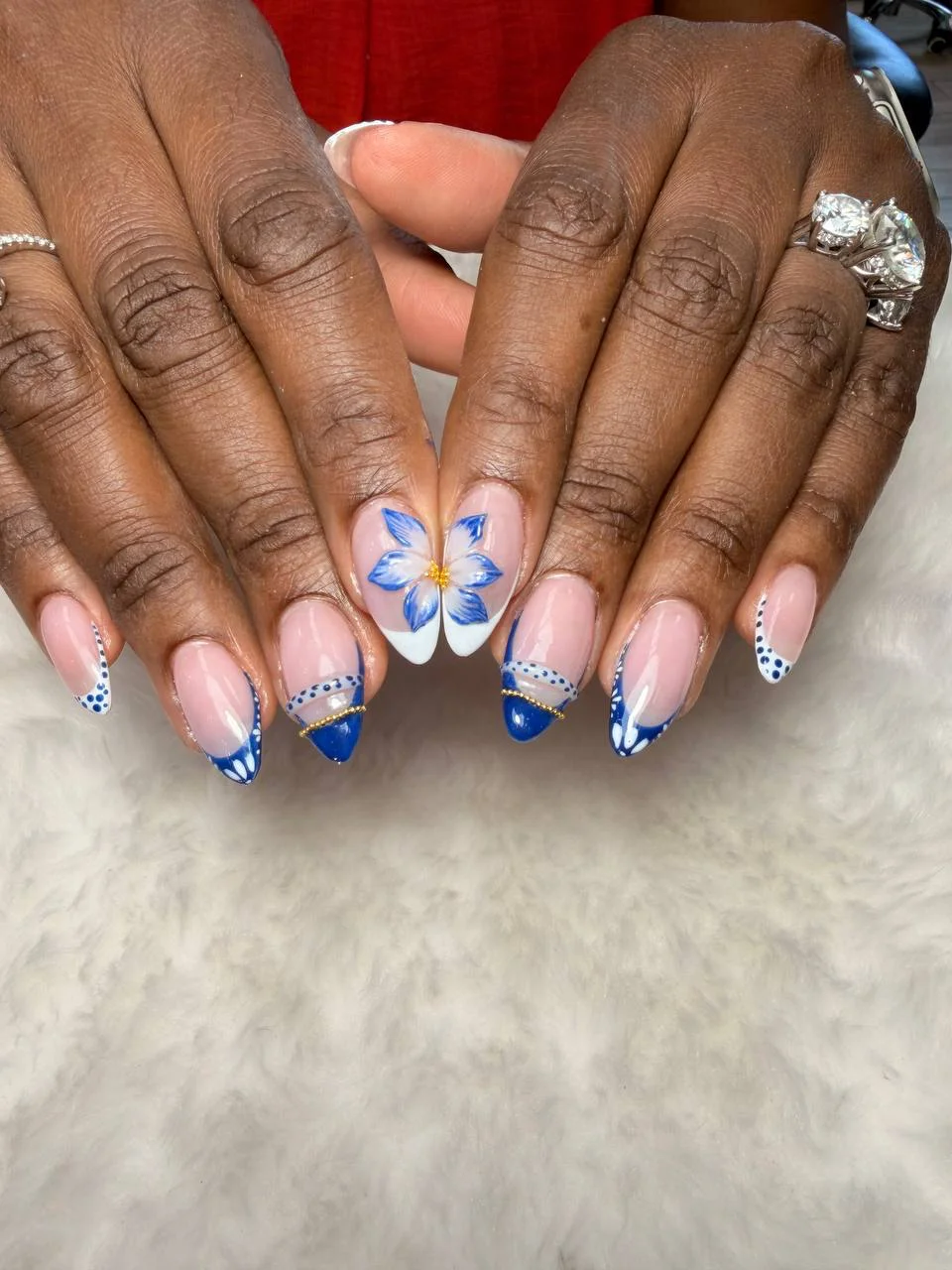Blue floral French nails
